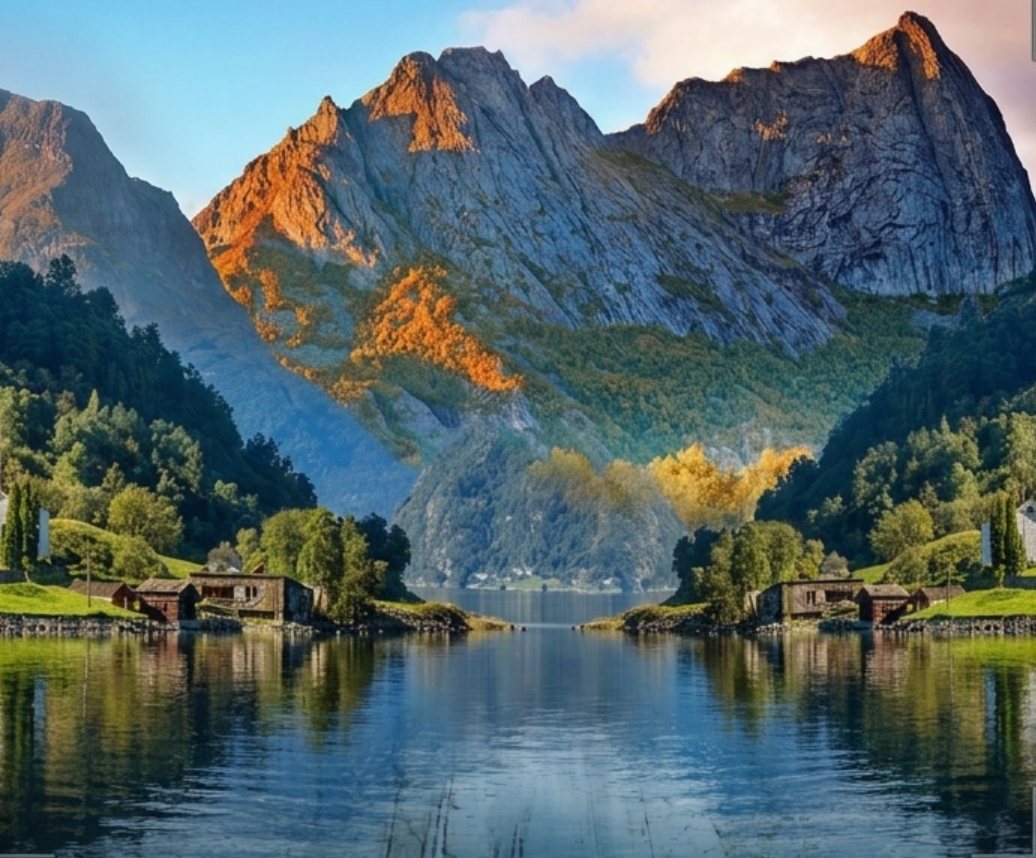 From the Nordvegr design folio: a fjord at dawn beneath towering cliffs, turf-roofed halls at the water