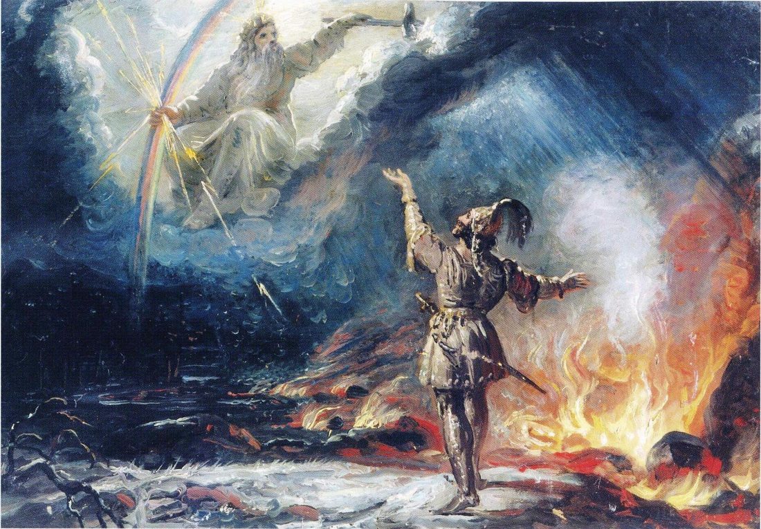 R. W. Ekman, Lemminkäinen on the burning lake (sketch, c. 1867) — the hero fleeing across fire-lit water