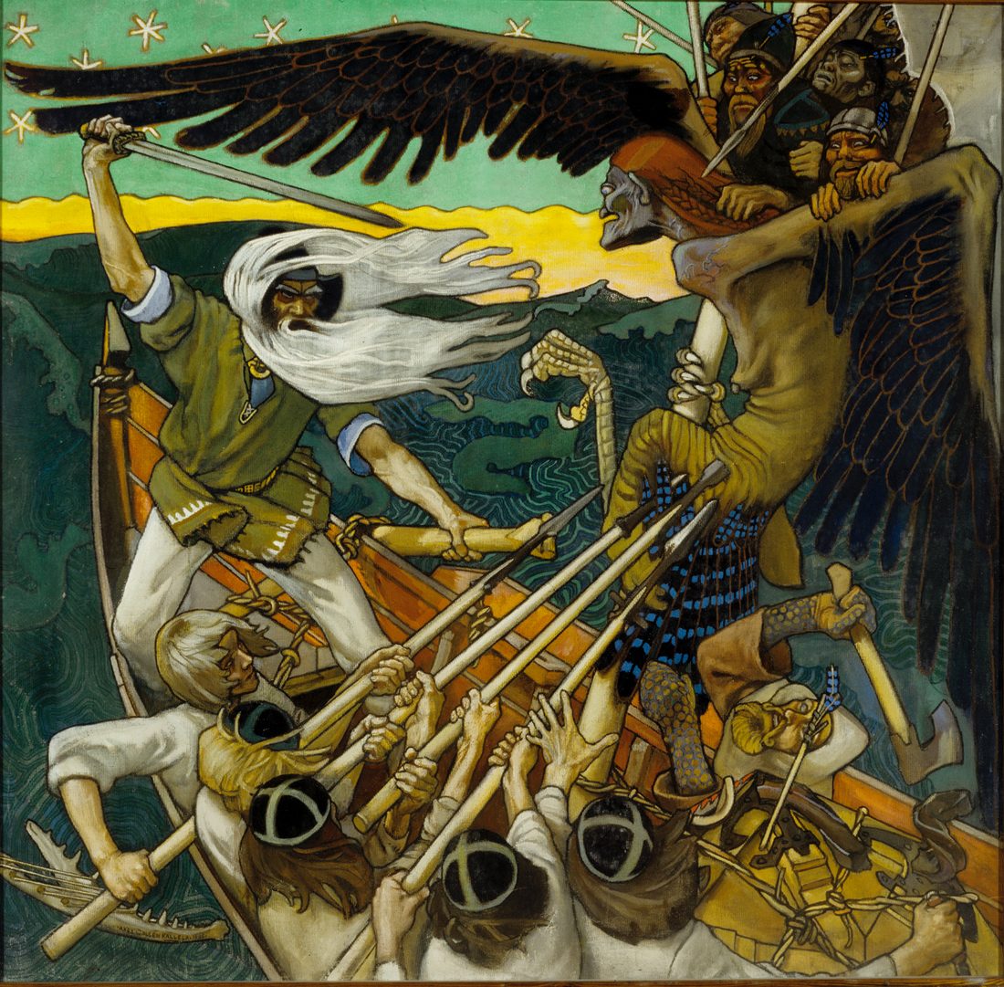 Akseli Gallen-Kallela, The Defence of the Sampo (1896) — Väinämöinen and the mistress of the North locked in struggle over the Sampo