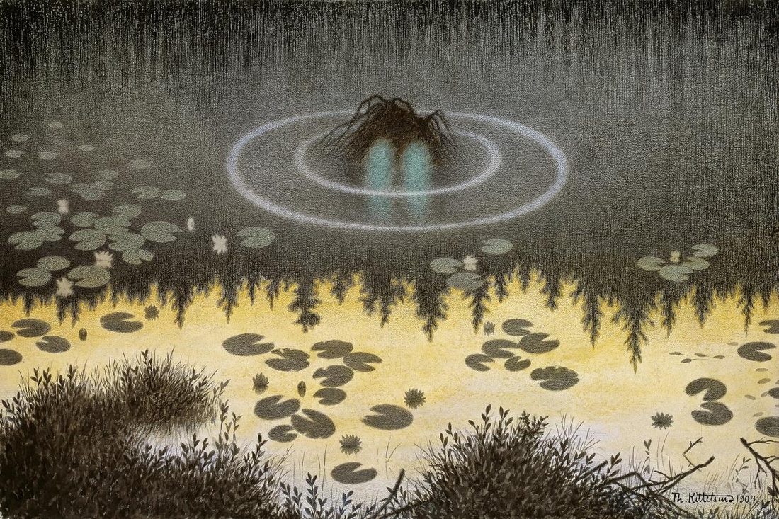 Theodor Kittelsen, Nøkken (1904) — the water spirit rising pale-eyed from a dark forest tarn