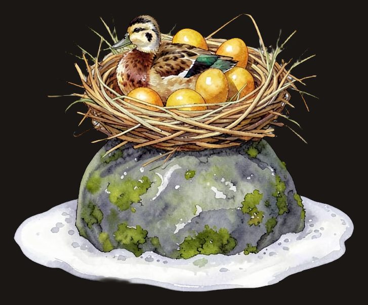 Watercolor of a teal nesting on a knee of stone, guarding golden eggs — from the game's prologue plates