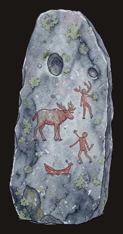 Watercolor standing stone with rock-art figures — elk, people, a boat — from the game's prologue plates