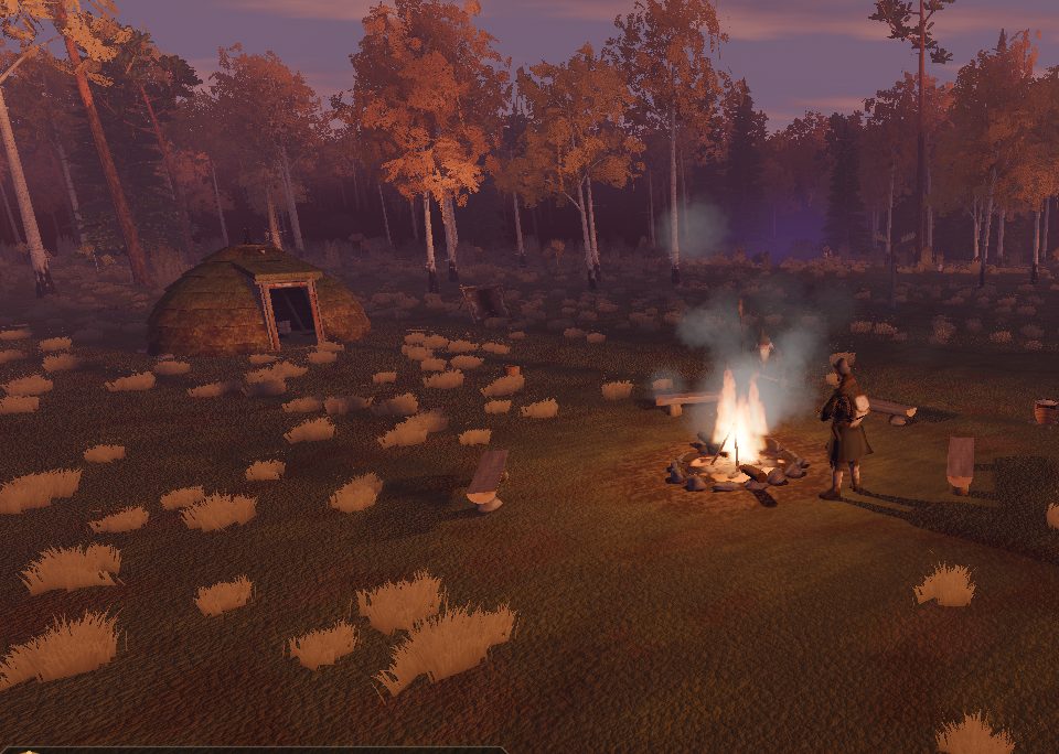 In-game capture: an autumn dawn at the Kylä shore camp — campfire smoke rising between the kota shelters