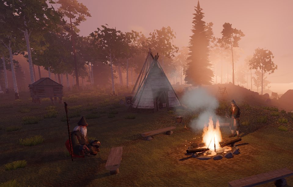 Spring dawn — pink light through the pines, the Tietäjä seated by the fire