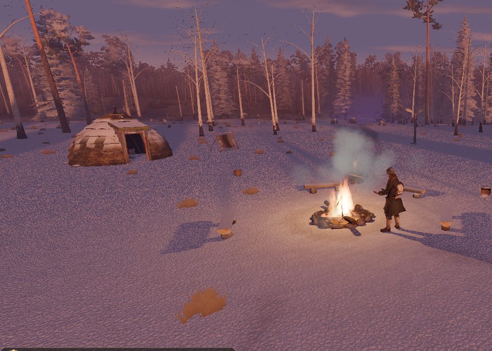 Winter dawn at the camp — blue snow, campfire smoke rising by the turf kota